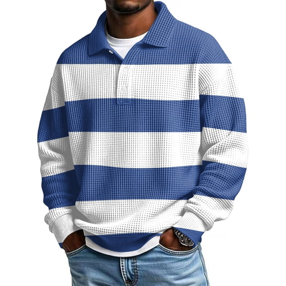 Waffle Polo Shirts for Men Collared Long Sleeve Color Block Shirt Button Thermal Workout Golf Shirts Comfort Tops Light Blue 3XL