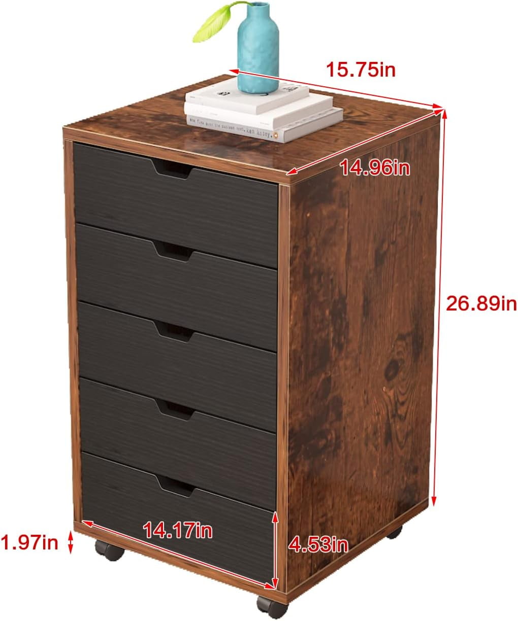 5-Drawer File Cabinet, Wooden Storage Cabinet with Wheels, Dresser Chest of Drawers, Filing Cabinets for Home Office, Rustic Brown