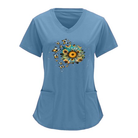 

Xutthjh Women Scrubs Top V-Neck Solid Color Overalls Printing Short Sleeve Top Overalls Top