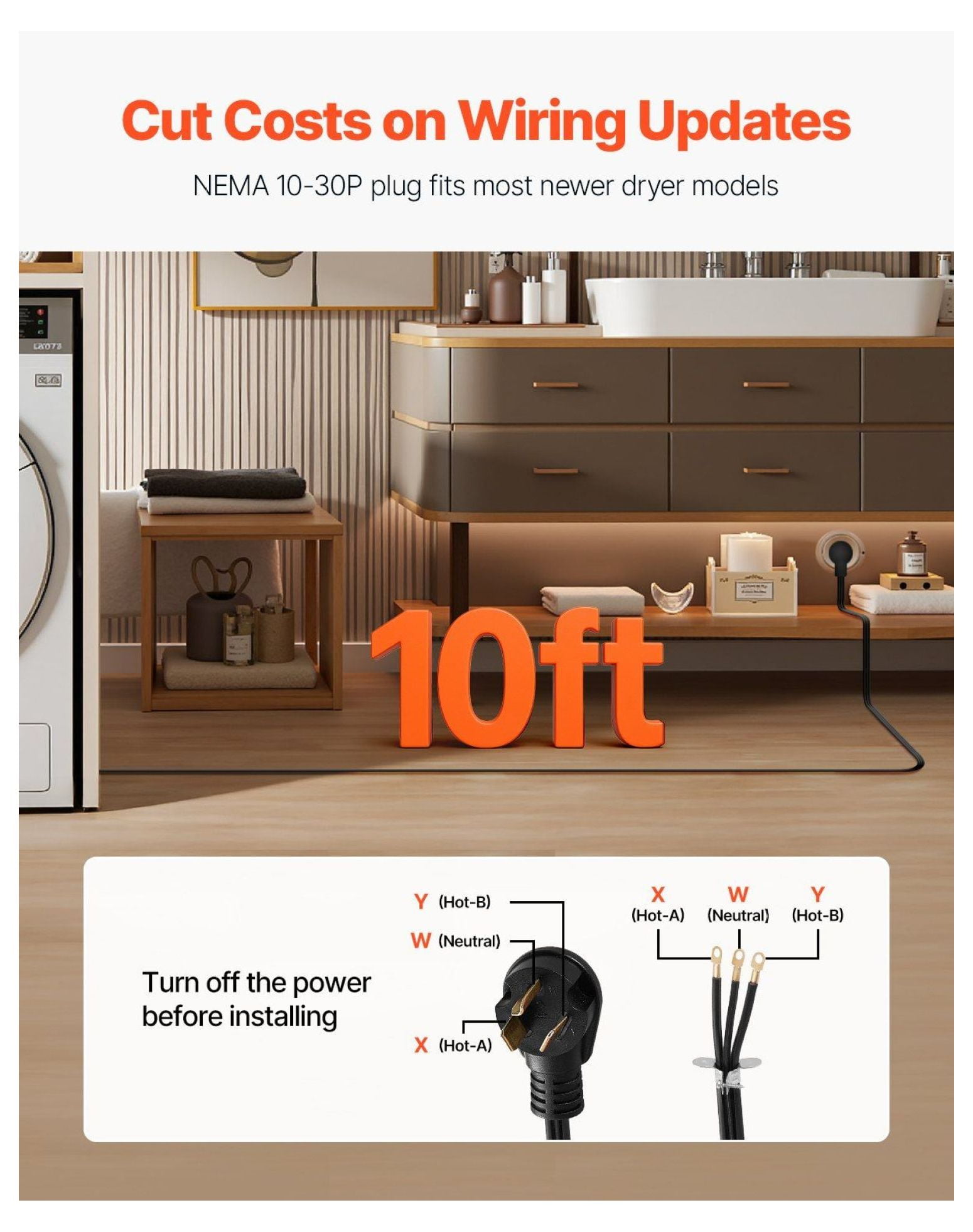 10 ft Dryer Power Cord 3-Prong NEMA 10-30P, Heavy Duty Dryer Cord with Eyelet Connectors, 30 Amp 10AWG Copper Wire, Appliance Power Cable