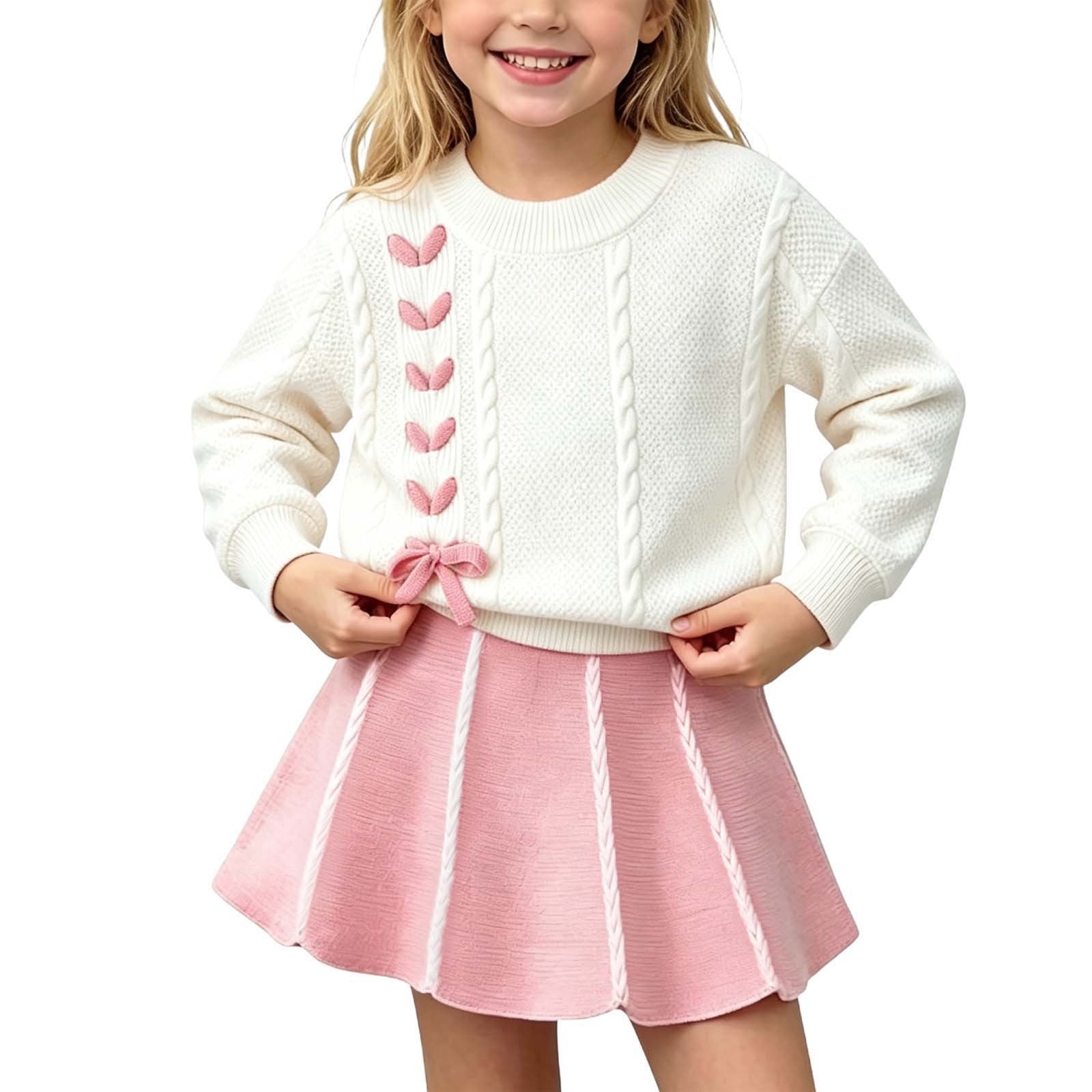 Girls Ribbed Knitted Crew Neck Skirt Set Long Sleeves Pullover Sweater and Knitted Short Skirt Fall Winter 2 Pieces Pink 2-3 Years