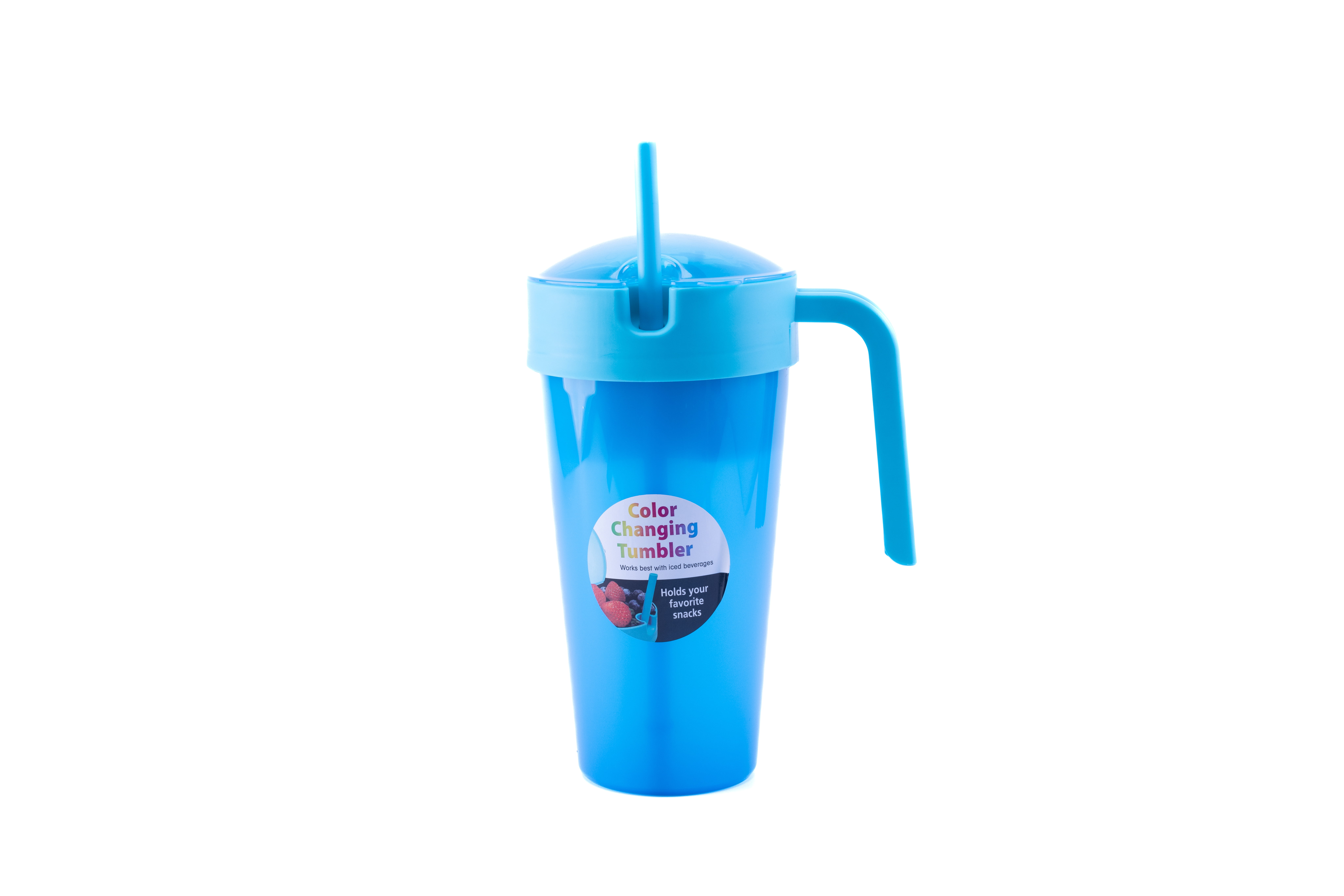 Mainstays 24 oz Plastic Snack Tumbler with Straw, Blue, Color Changing, Includes Snack Compartment with Lid