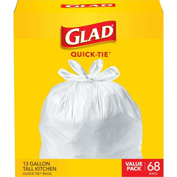 Tall Kitchen Trash Bags 13 Gallon, Unscented Garbage Bags, Quick-Tie, 68 Count