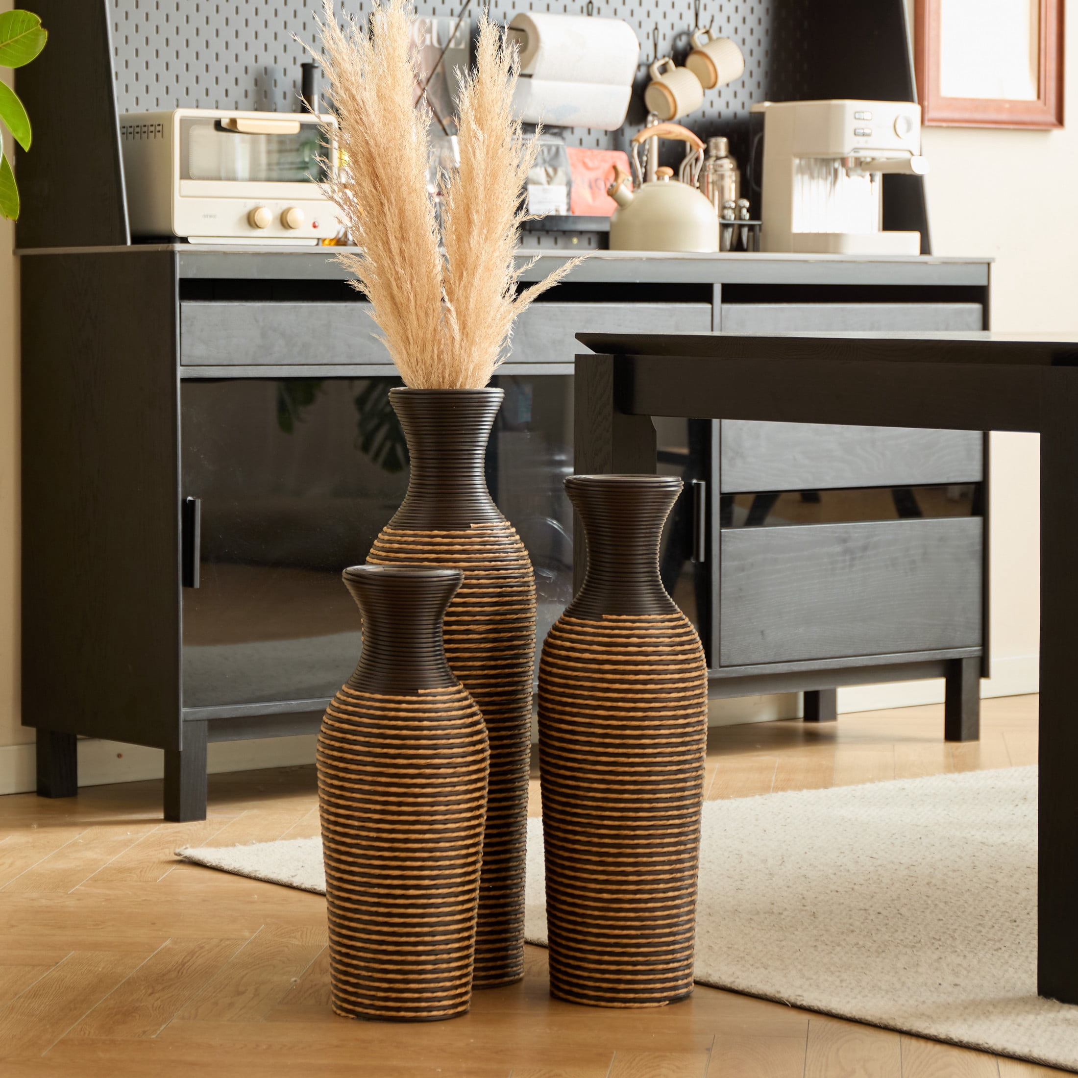 Noble House 19.69", 23.62", 27.56" PVC Floor Vase Set of 3, Hand-Woven Rattan-Like, Black + Beige