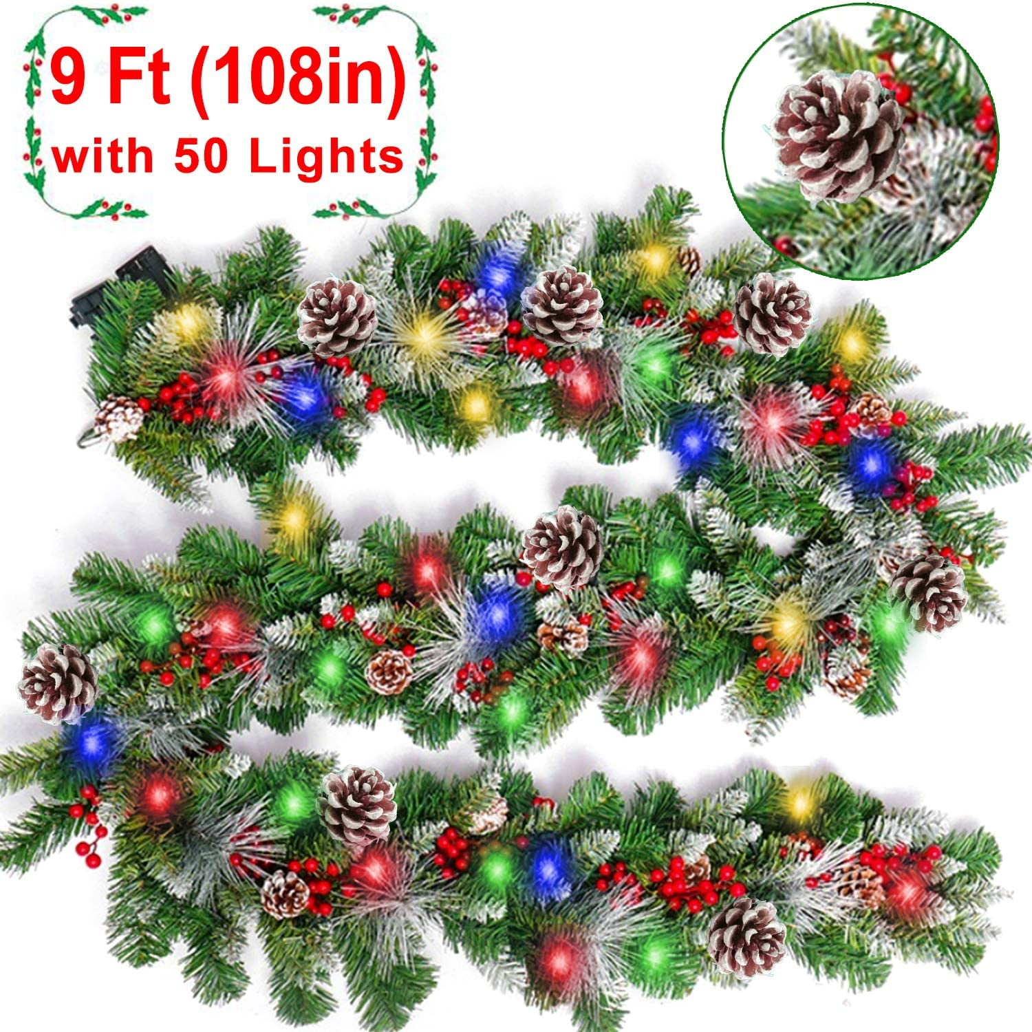9FT Pre Lit Christmas Garland Reusable Artificial Christmas Garland Pre Decorated Christmas Garland with LED Lights and Pine for Xmas Tree Fireplaces Stairs Doors Indoor Outdoor Christmas Decor
