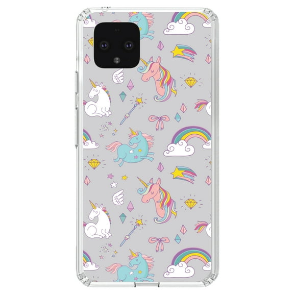 DistinctInk Clear Shockproof Hybrid Case for Google Pixel 4 (5.7" Screen) - TPU Bumper, Acrylic Back, Tempered Glass Screen Protector - Unicorn Rainbow Wand Pattern - Grey