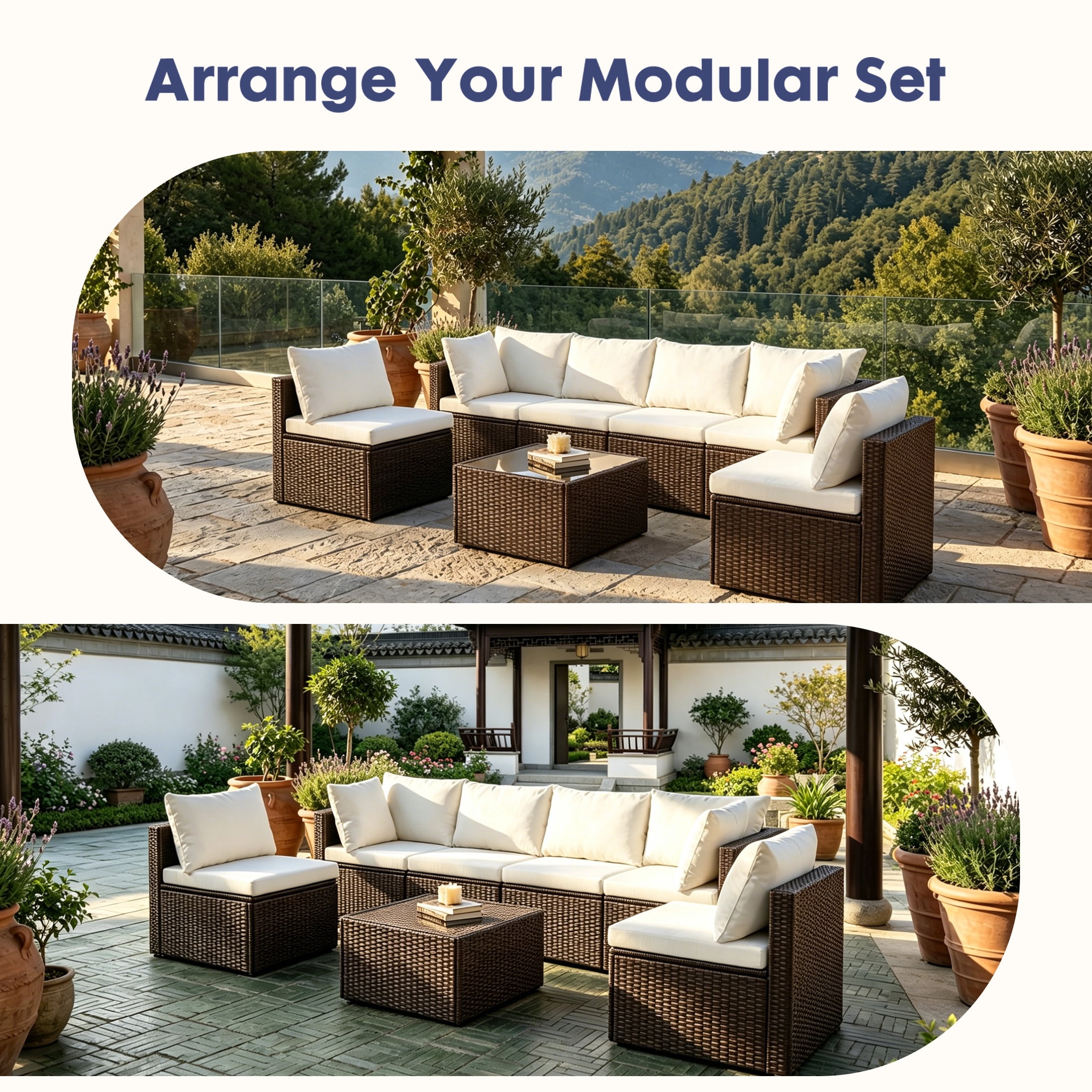 EDX 7 Piece Outdoor Wicker Patio Furniture Set, PE Rattan Sectional Conversation Set with Tempered Glass Coffee Table, Washable Cushions & Pillows for Backyard, Garden, Poolside, Brown