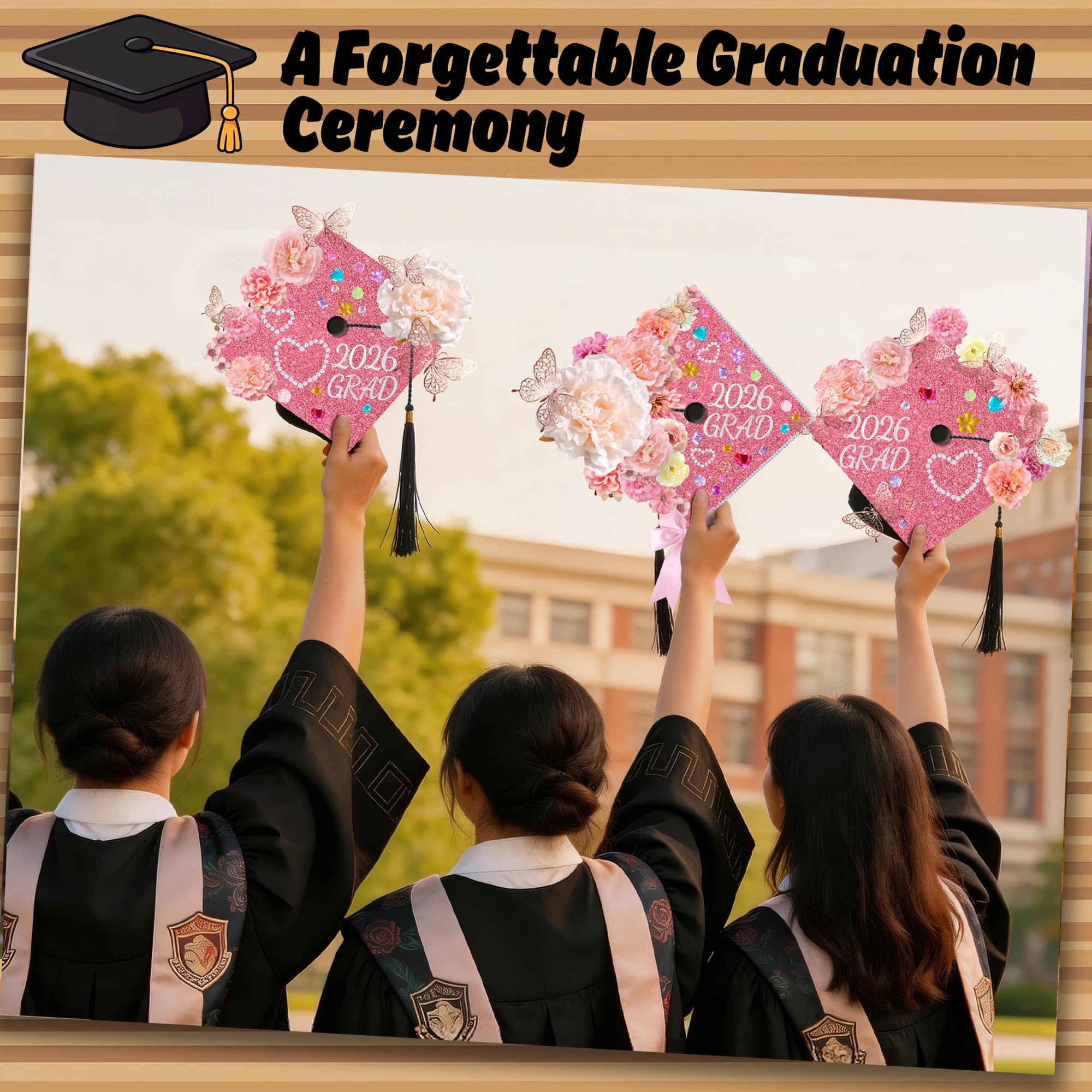 2026 Graduation Cap Decorations Kit, 56 Pcs DIY Grad Cap Topper Set with Artificial Flowers, Bow, 3D Butterflies, Glitter Letters, Rhinestones for High School College Graduation