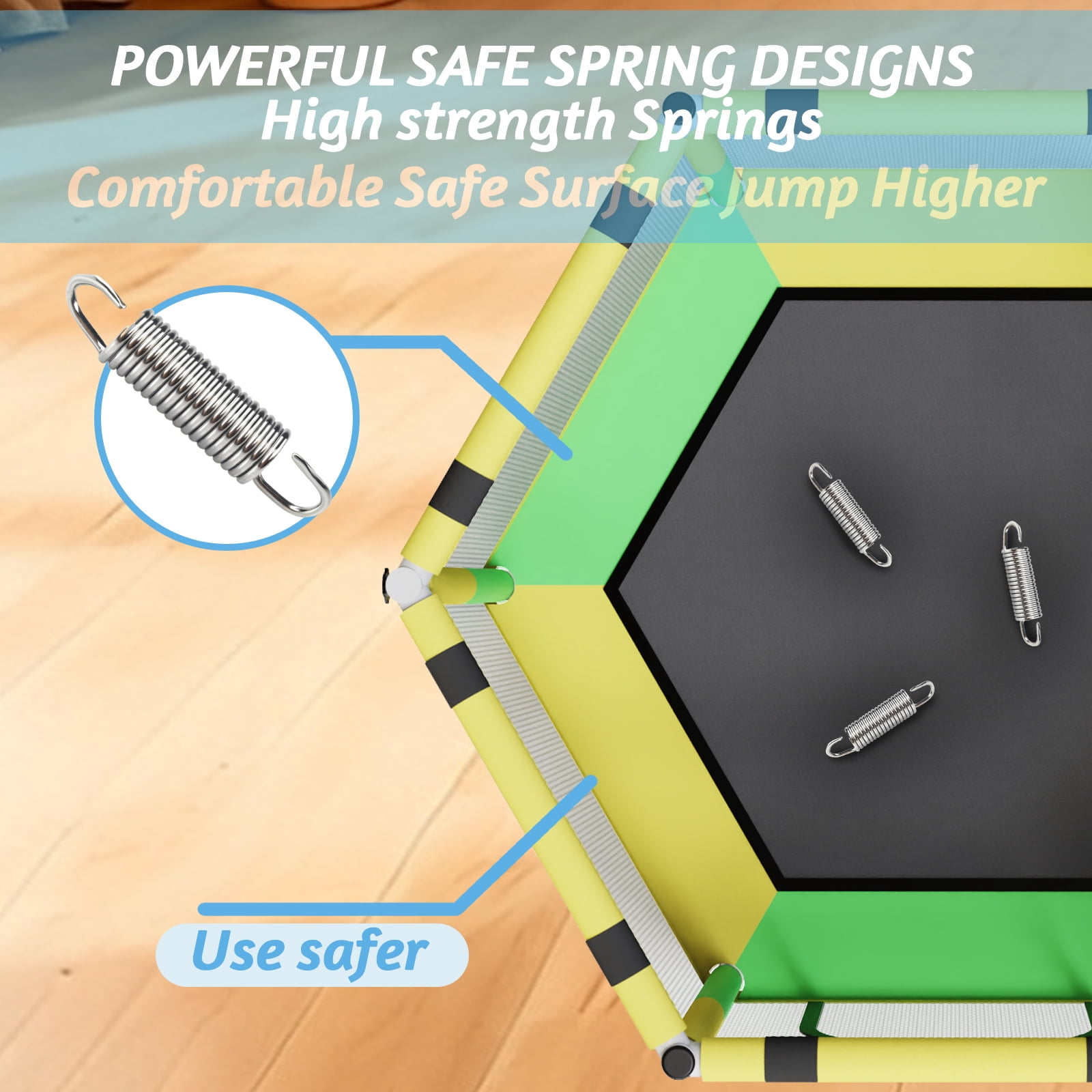 G TALECO GEAR Trampoline for Kids, Toddler Trampoline with Adjustable Gymnastics Bar & Toys, Indoor & Outdoor Hexagon Small  60'' Trampoline Gift for Boys & Girls,  400lbs, Yellow & Green