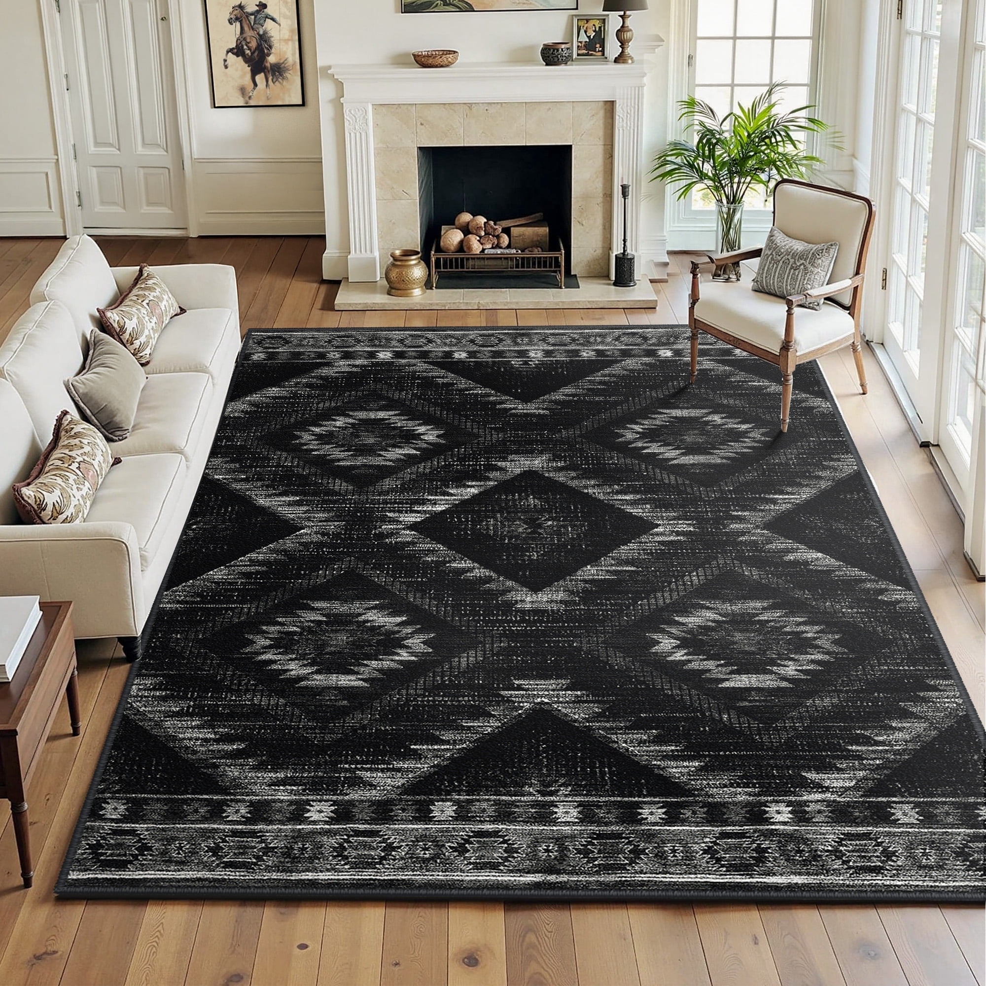 NewBuros 9'x12' Area Rug for Living Room, Machine Washable Non-Slip Rug, Soft Low Pile Stain Resistant Vintage Western Indoor Rug for Bedroom Dining Room, Black