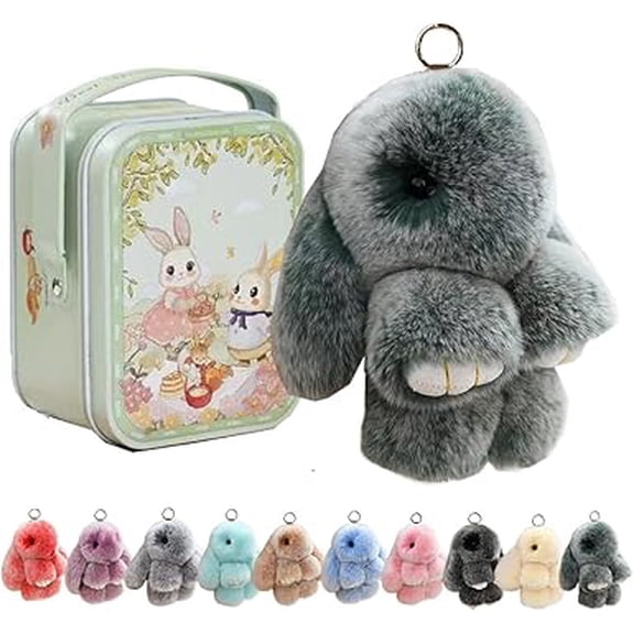 Handmade Plush Bunny Keychain with Tin, Soft Fluffy Rabbit Charm, Easter Gift, Cute Cartoon Animal Pendant