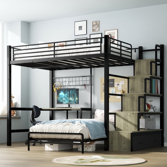 Holaki Full Over Twin Bunk Bed with Desk, Metal Loft Bed with Built-in Storage Stairs & 2 Drawers, Safety Guard, Small Space for Bedroom Dorm Apartment, Black