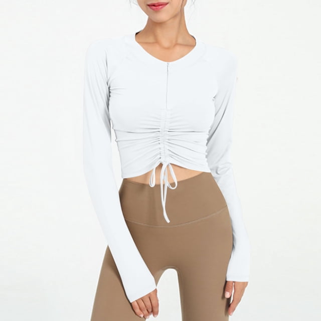 AherBiu Hauts de Yoga à Manches Longues pour Femmes Col Rond Entraînement Randonnée Course Slim Extensible Chemises Courtes Blouses