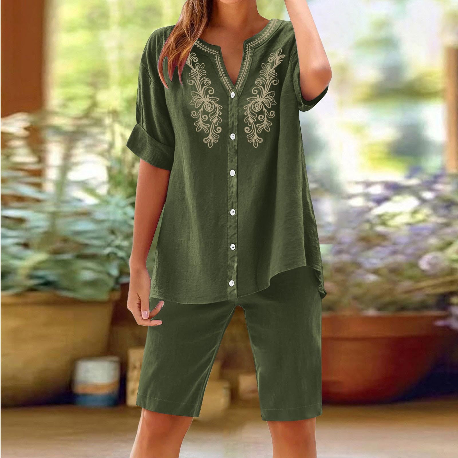 Womens 2 Piece Outfits Short Sleeve Cotton Linen Embroidered Shirts Wide Leg Capri Pants Matching Sets