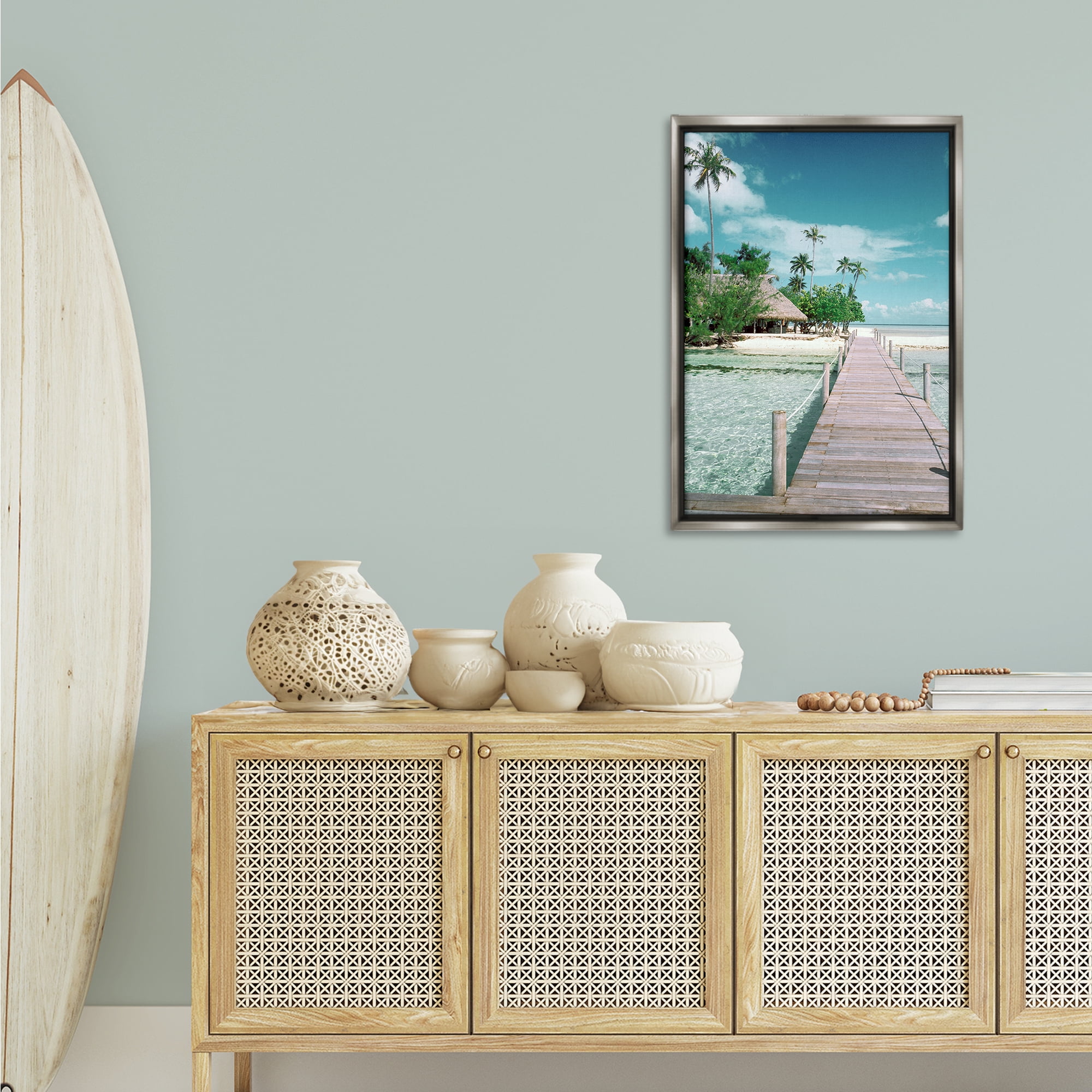 Stupell Industries Tropical Bungalow Bridge Nautical & Beach Photography Gray Floater Framed Canvas Art Print Wall Art, 21 x 31