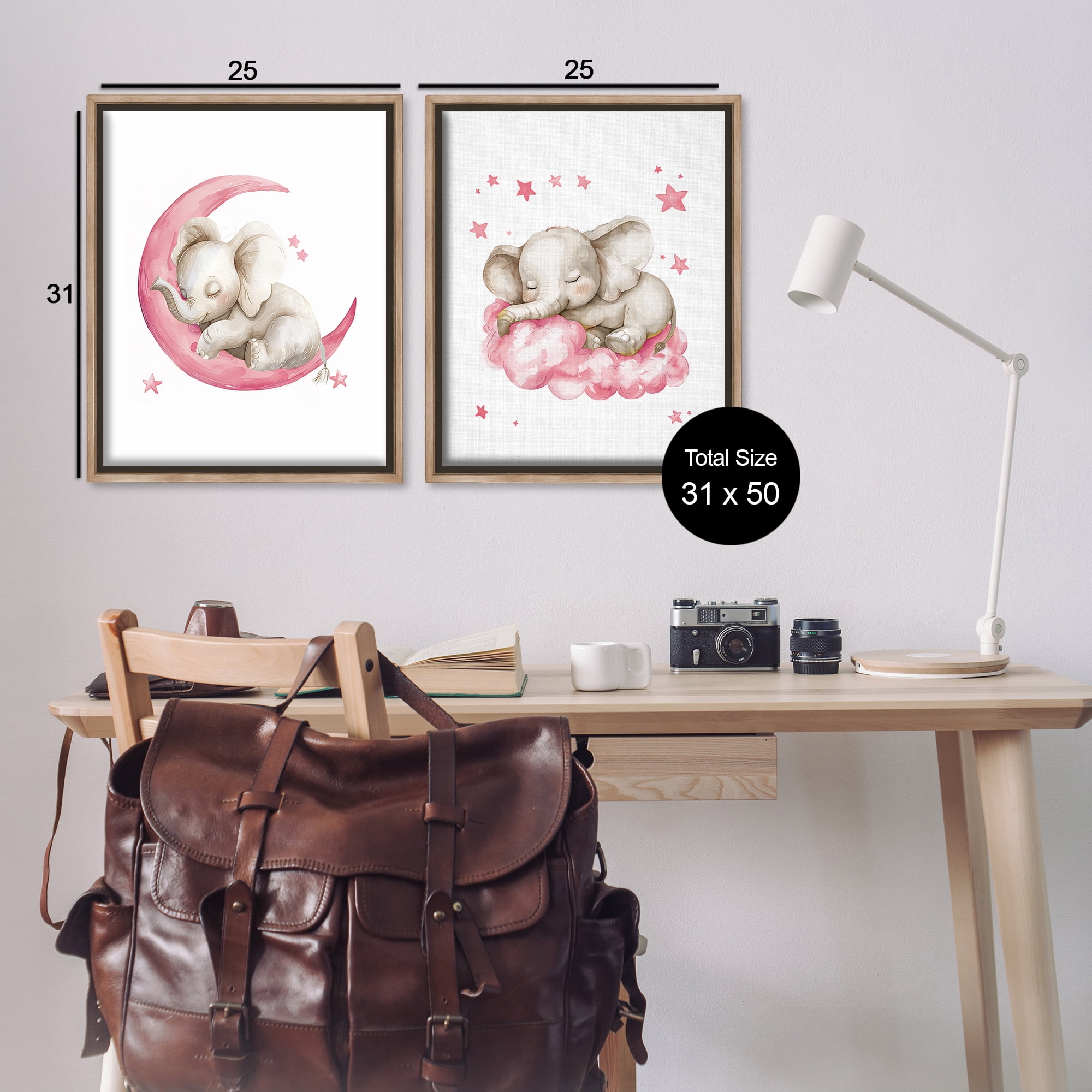 Stupell Industries Pink Sleepy Elephant Animals Painting Brown Floater Framed Canvas Art Print Wall Art, 31 x 25, Set of 2