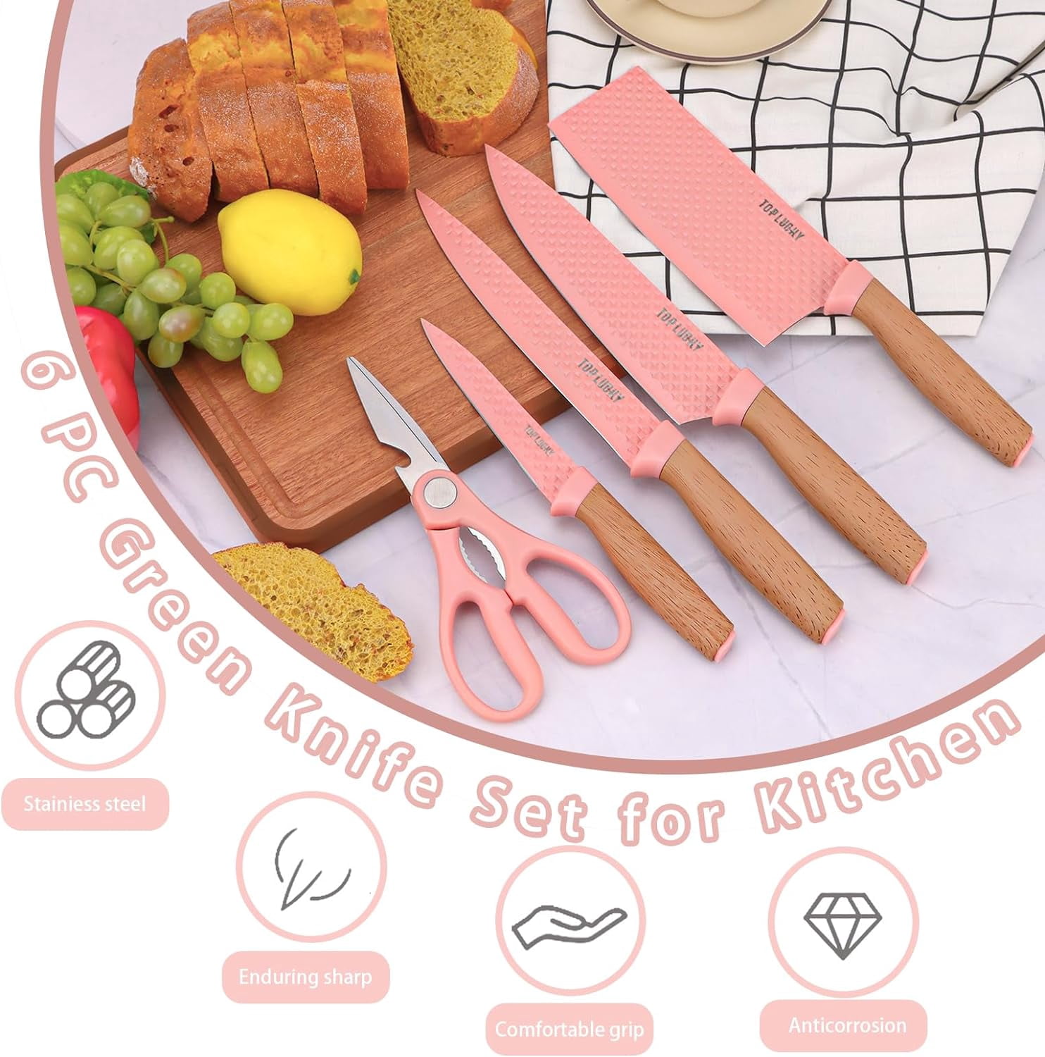 Kitchen Knife Set, 6 Pieces Green Professional Knife Set with Universal Knife Block, Super Sharp Knife Set with Ergonomic Handle, Non-stick Stainless Steel Knife Block Set