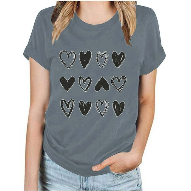 Meichang Valentines Day Chemises Femmes Manches Courtes Cœur Graphique T-Shirts Décontractés Coupe Ample Col Rond Blouses de Vacances