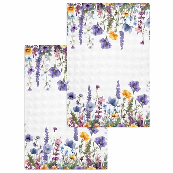 Spring Floral Kitchen Dish Towels for Drying Dishes Set of 2, Purple Flowers Colorful Summer Botanical Waffle Weave Microfiber Hand Tea Bathroom Towels Quick Dry & Absorbent Towel 15.7x23.6