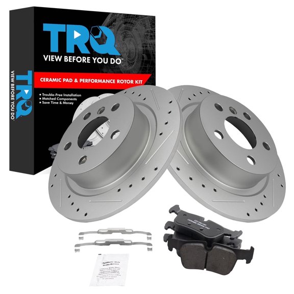 TRQ Rear Brake Pad and Rotor Set Ceramic Coated Drilled Slotted Rotors Fits 2014-2020 BMW i3 2018-2020 i3s 2016-2021 Mini Cooper Clubman 2017-2021 Cooper Countryman