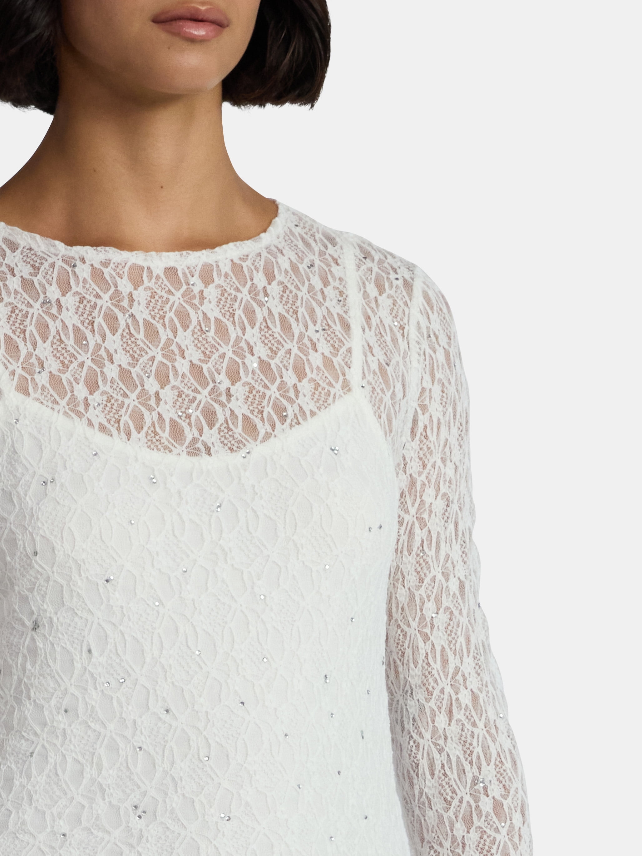 Madden NYC Women’s Lace Rhinestone Top with Long Sleeves, Sizes XXS-XXL