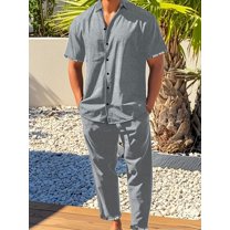 Men's 2 Pieces Casual Loungewear Sets Casual Long Sleeve Shirts Beach Pants Holiday Outfits Regular Fit Gray 3XL