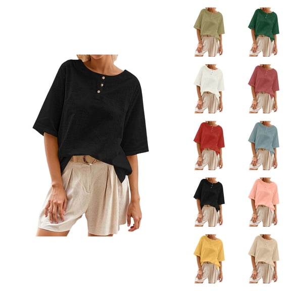 Half Sleeve T Shirts for Women Summer Casual Cotton Linen Lightweight Crewneck Plain Oversized Tshirts Work Shirt