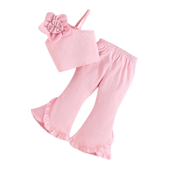 Agkizg 2PC Solid Flowers Print Strap Tank Top Elastic Waist Flared Pants Set Summer Outfits (Toddler Girl's or Girl's),2-Piece Set,Sizes 2-9 Years