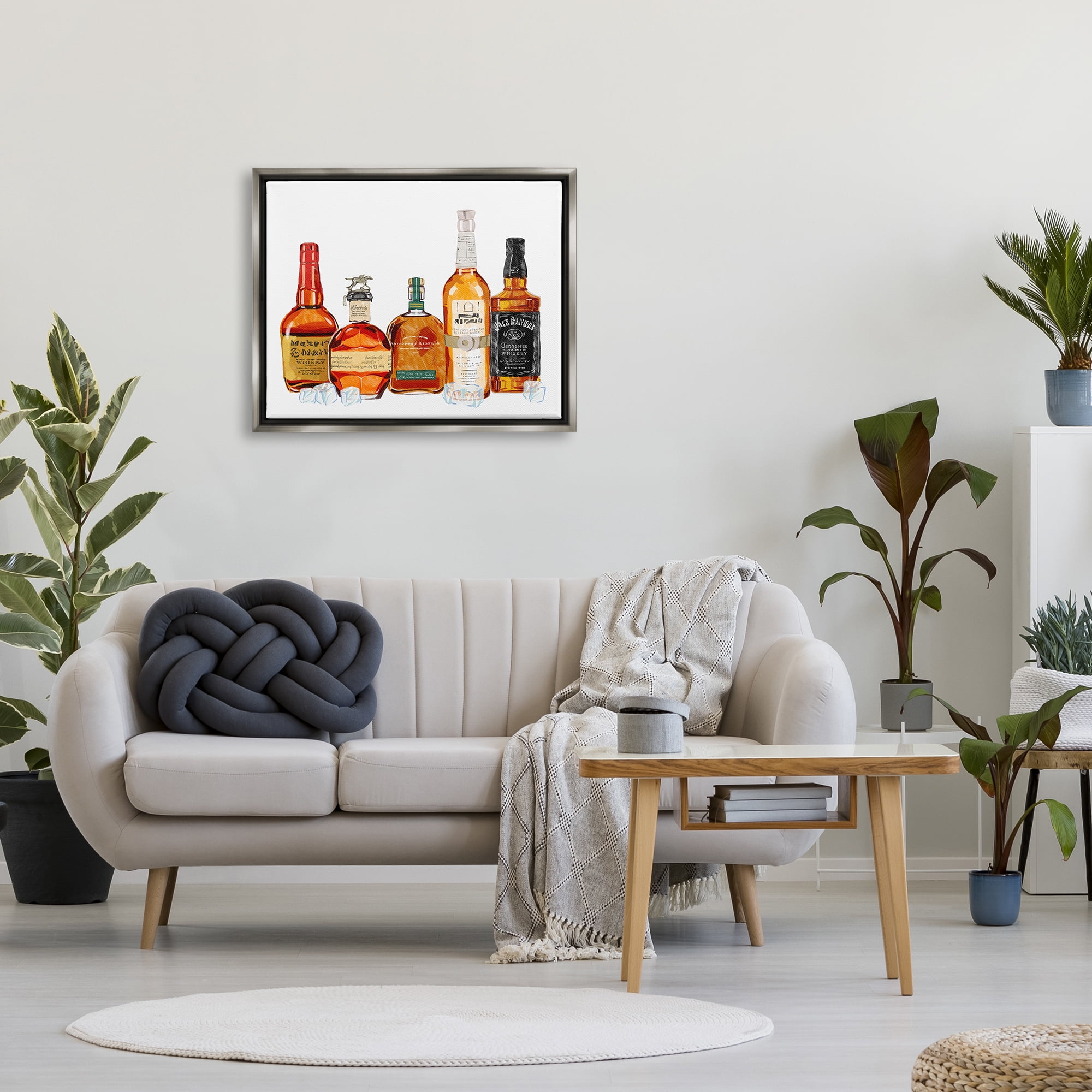 Stupell Industries Whiskey Bottles & Ice Cubes Food & Beverage Painting Gray Floater Framed Art Print Wall Art, 31 x 25