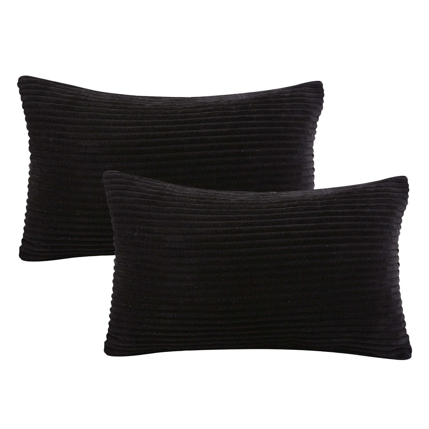Fluffy Corduroy Velvet Solid Color Suqare Cusion Accent Decorative Throw  Pillow for Couch, 12 x 20, Black, 2 Pack 