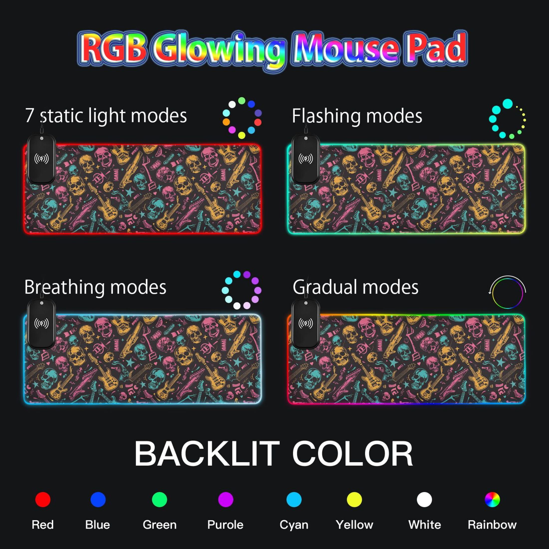 Wireless Charging Mouse Pad Large RGB Gaming Desk Mat 13 Light Modes Mousepad 31.5x11.8 Neon Guitar and Skull