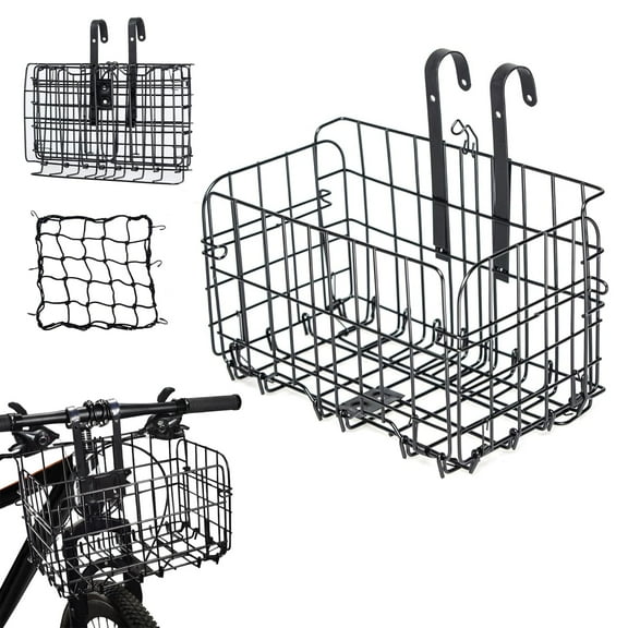 Semfri Folding Bicycle Front Cargo Basket,Rustproof Metal with Mesh Cover (Black)