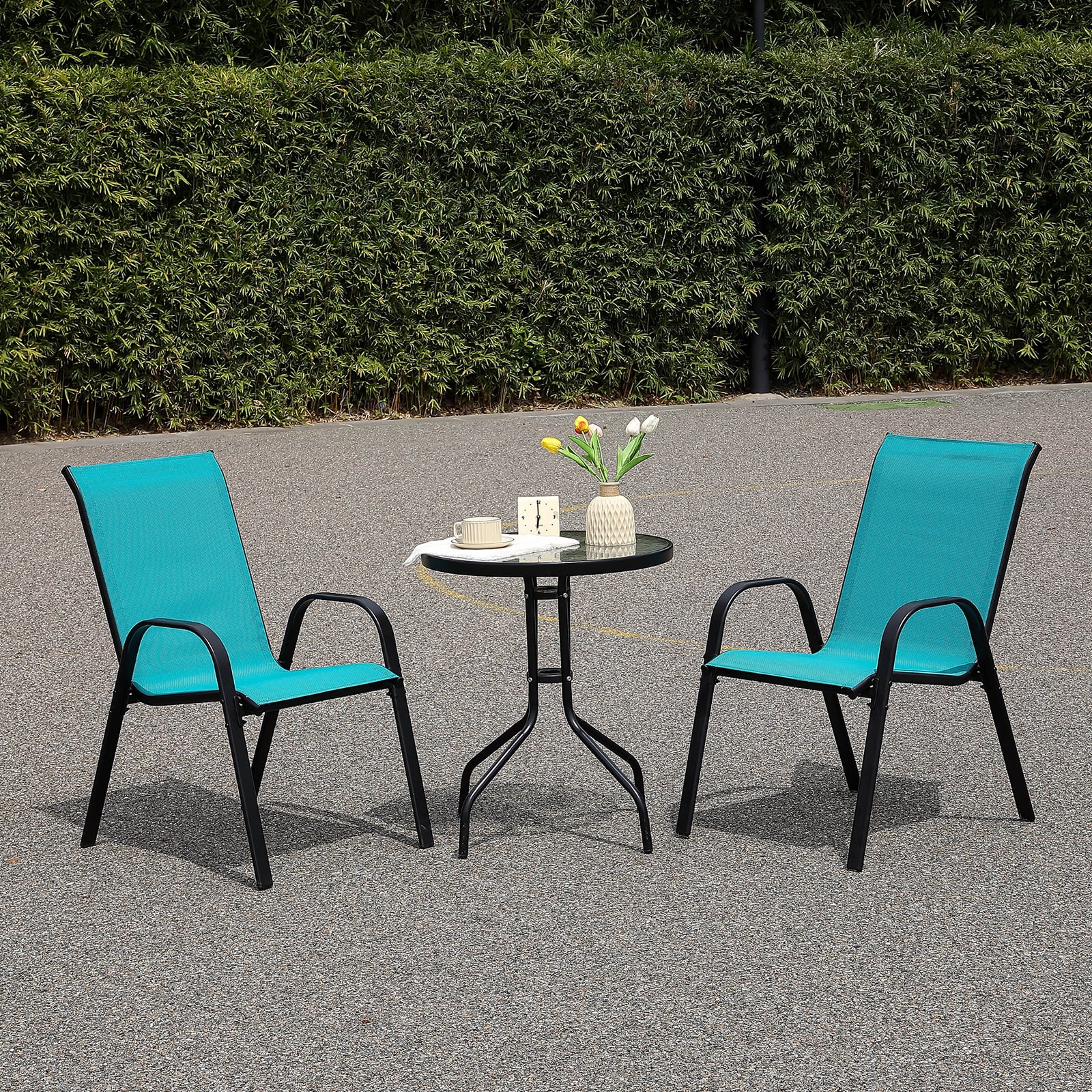Stackable Outdoor Patio Dining Chairs with Backrest/Armrests for Lawn Garden Balcony Deck Camping-Set of 4 (Turquoise)