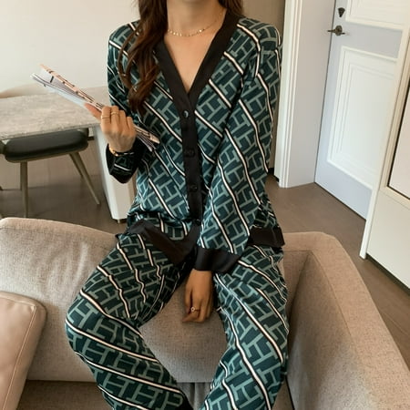 

Women s Pajamas Set V Neck Design Luxury Cross Letter Print Sleepwear Silk Like Home Clothes XXXXL Large Size Nightwear
