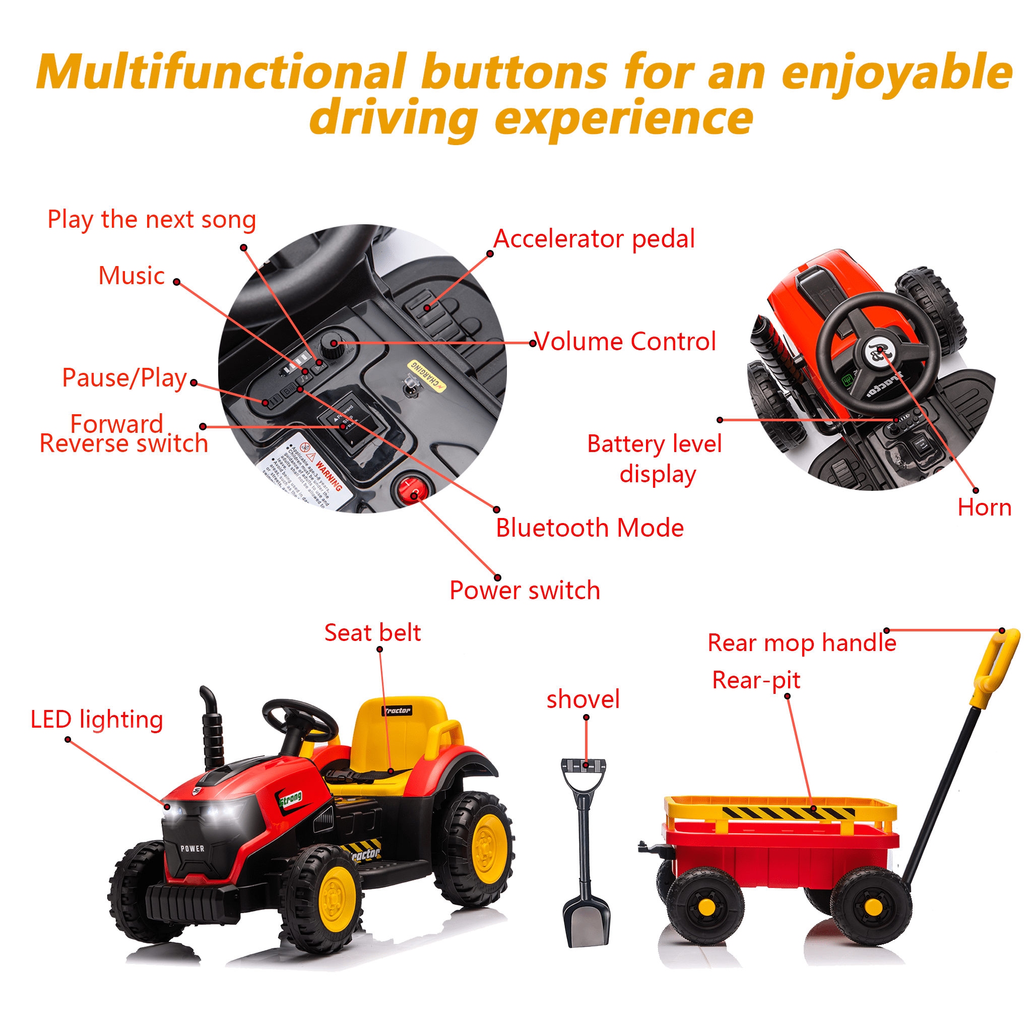 Juuar 12V 390W Kids Ride on Car for Boys Girls Ages 3 4 5 6 Years Old, Farm Tractor Ride on Toys with Trailer, Lights & Music, 5 MPH Fun Electric ATV with Remote Control for Birthday Gifts, Red