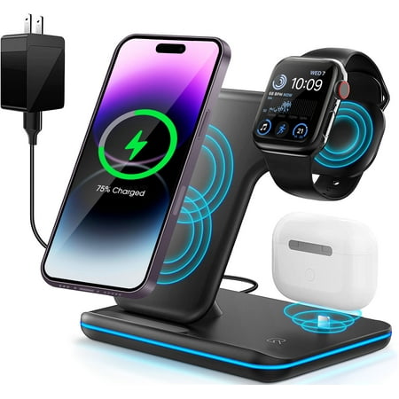Wireless Charger, 3 in 1 Qi-Certified 15W Fast Charging Dock Station/ Stand, Compatible for iPhone Series 15/14/13/12/11/XS/MAX /XR/XS/X/Apple Watch Charger 9 8/7/ 6/5/4/3, Air Pods Pro/Samsung, Black