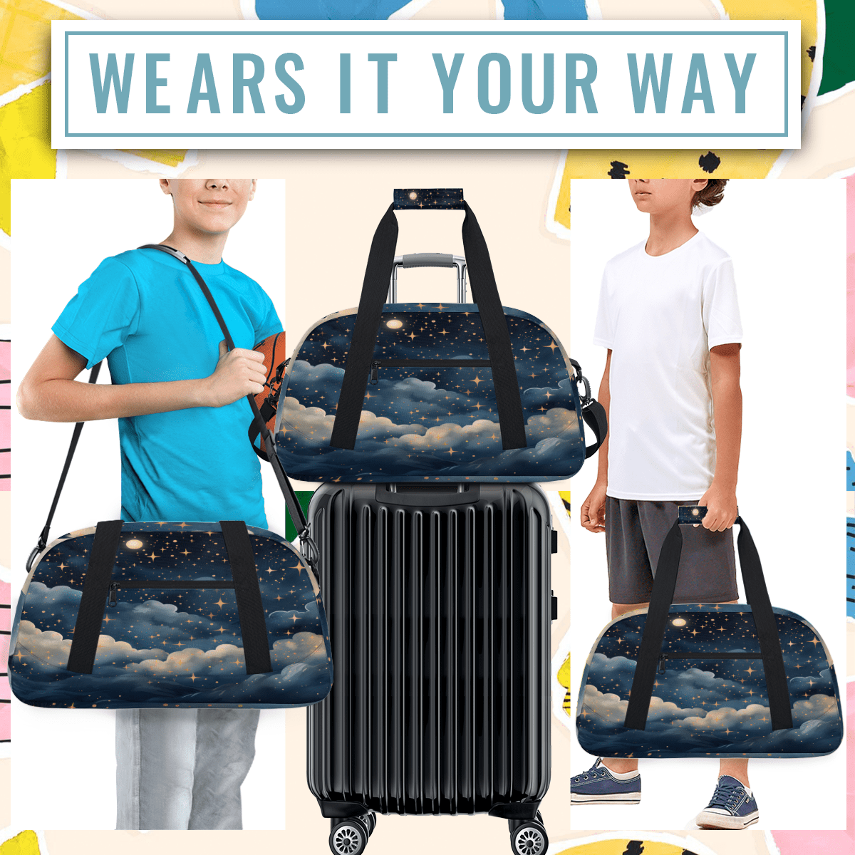 Herdesigns Cloud Galaxy Sports Duffle Bag for Women & Men, Space Nebula Stars Gym Bag Dance Bag Overnight Bag Carry On Weekender Travel Bag