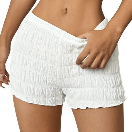 Lodgix Women Ruched Mini Shorts Elastic Waist Y2k Micro Boyshorts Ruffle Frill Bloomers Beach Music Festival Shorts White 2XL