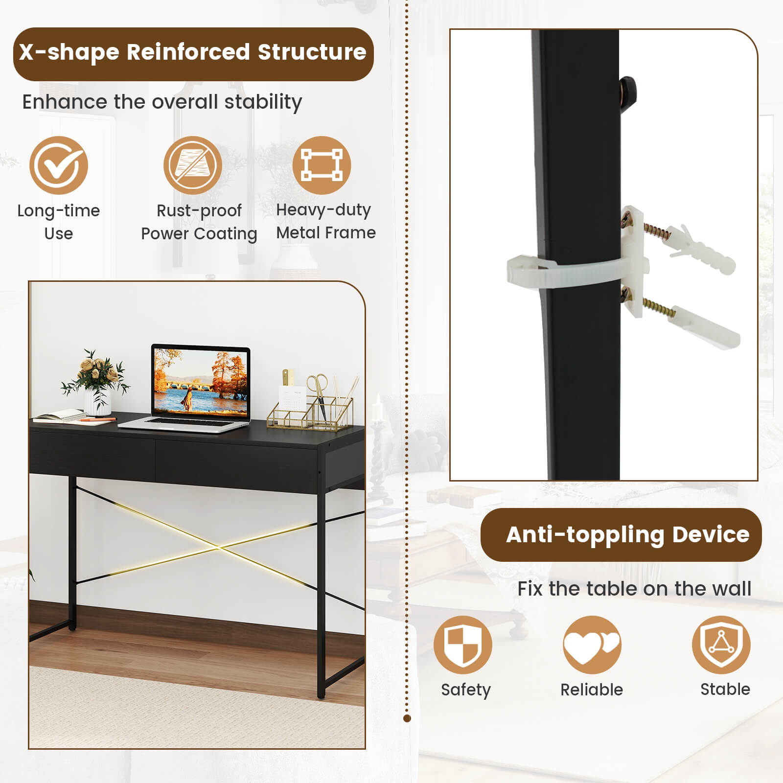 Costway Modern 2-Drawer Computer Desk wIth Reinforced Heavy-Duty Metal Frame Anti-Tip Kit