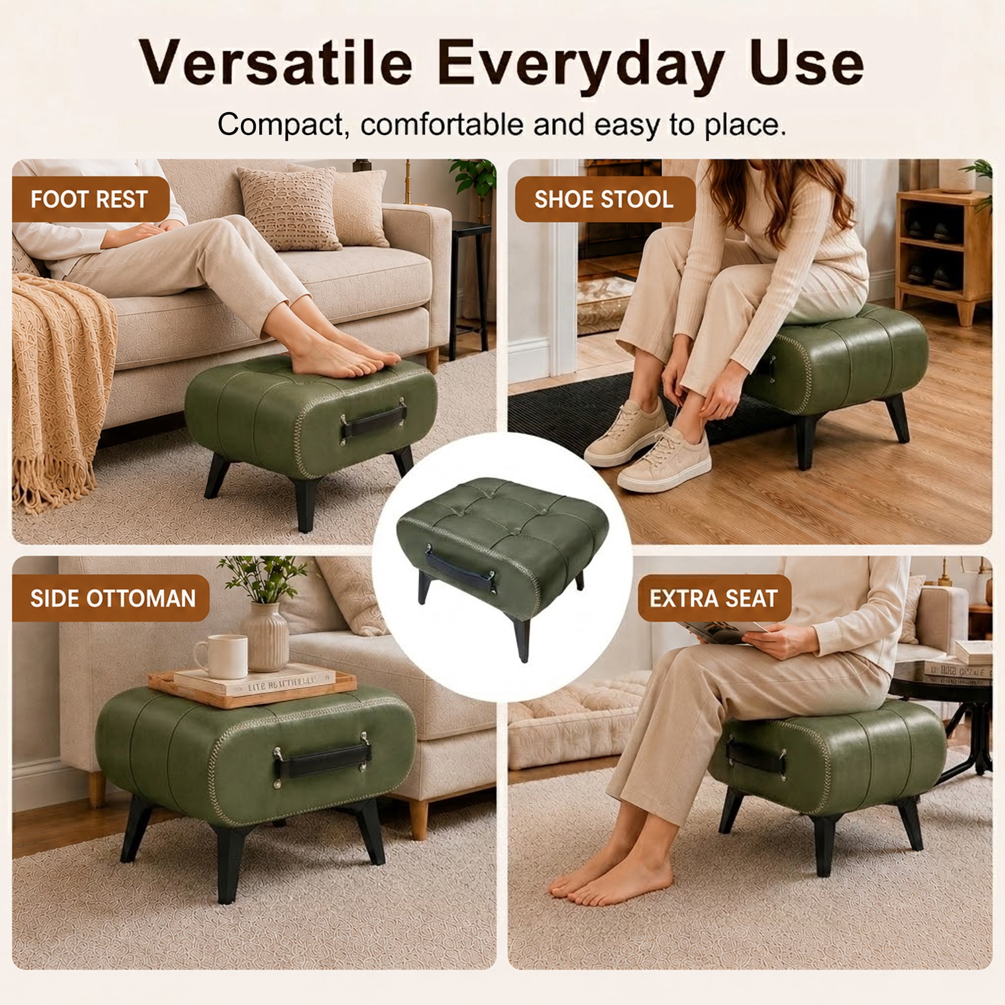 Leumius Modern Leather Stool with Hidden Storage,Portable Handles & Metal Legs,Square Footrest for Living Room,Green