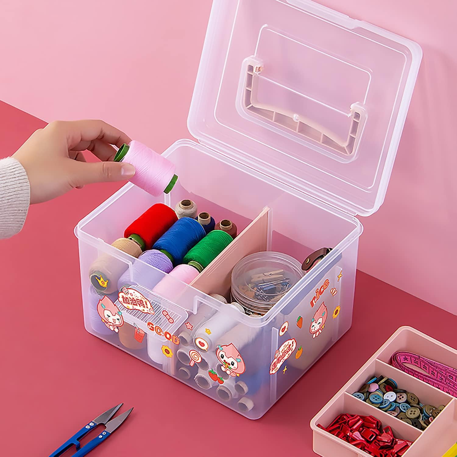 ABPETE Small Portable Plastic Storage Box for Beauty Ornaments Hair Nail Accessories, Cosmetic Case with Handle & Removable Tray & a Divider, Sewing Box Organizer, Kids Art Box (Clear & Pink)