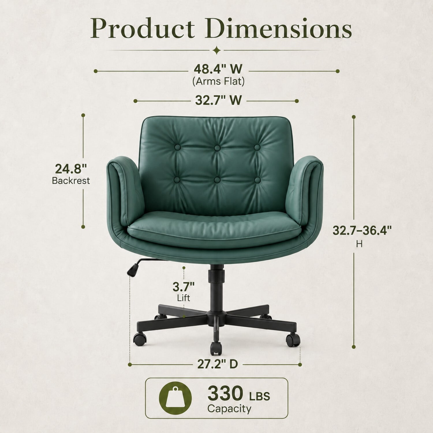 Easy4Home Criss Cross Office Chair with Wheels and Adjustable Armrests, Wide Seat PU Leather Swivel Computer Desk Chair, Dark Green