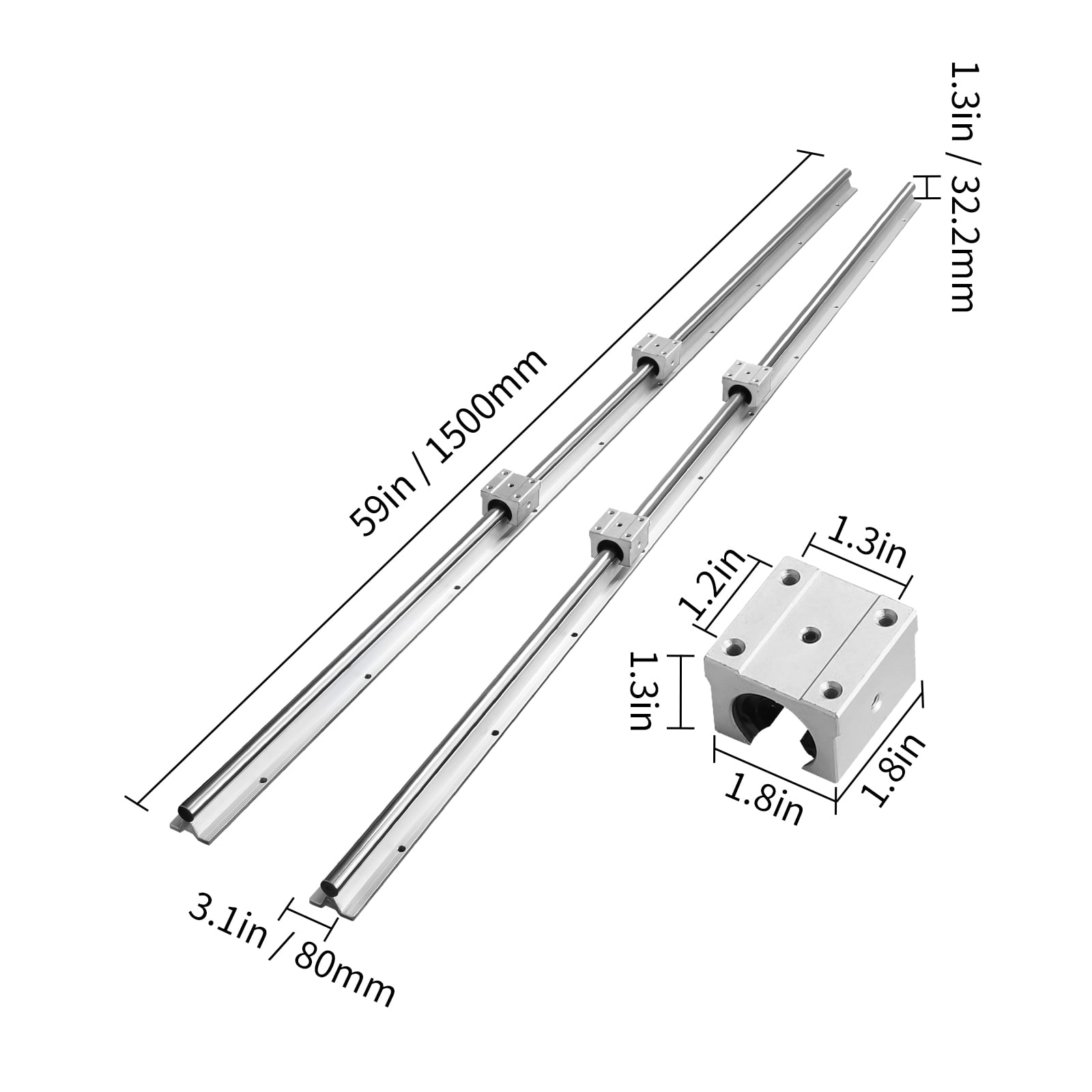 KFFKFF 2PCS SBR16 1500mm Linear Guide Rails Slide Rails, along with 4 PCS SBR16UU Bearing Blocks
