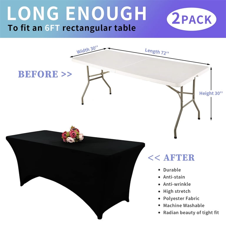 6 Pack Black Spandex Table Covers - Stretch Fitted Tablecloths For 6 Foot Rectangle Tables, Washable