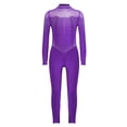 thumbnail image 4 of Kaerm Kids Girls Mock Neck Dance Jumpsuit Sheer Mesh Figure Skating Bodysuit Shiny Rhinestones Full Body Leotard Purple 14, 4 of 5