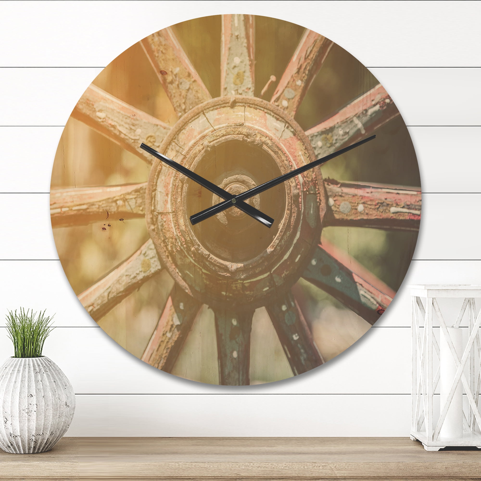 Designart 'Closeup Of Country Wagon Wheel' Farmhouse Wood Wall Clock