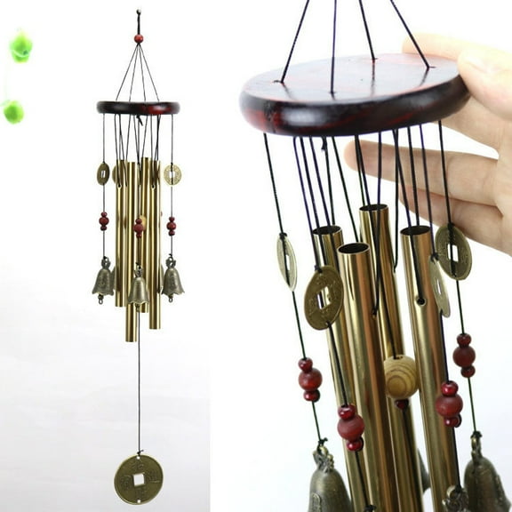 Japanese Wind Chime, Vintage Brass Bells with decorative Beads and Good Luck Coins, Outdoor Hanging decor for Patio, Porch, Garden and indoor Feng Shui, Rustic Home decor