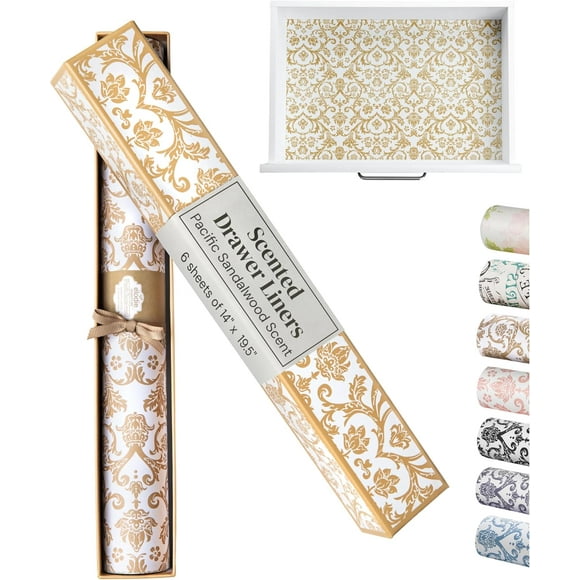 Elodie Essentials Feuilles de Doublure de Tiroir Parfumées - 14 Pouces x 19.5 Pouces (Damas Royal) Bois de Santal du Pacifique Doublures en Papier Non Adhésives et Papier pour Étagères pour Commodes, Armoires et Tiroirs de Salle de Bain