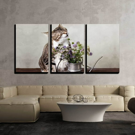 wall26 - 3 Piece Canvas Wall Art - Cat with Flowers in Old Decorative Watering Can - Modern Home Art Stretched and Framed Ready to Hang - 16"x24"x3 Panels