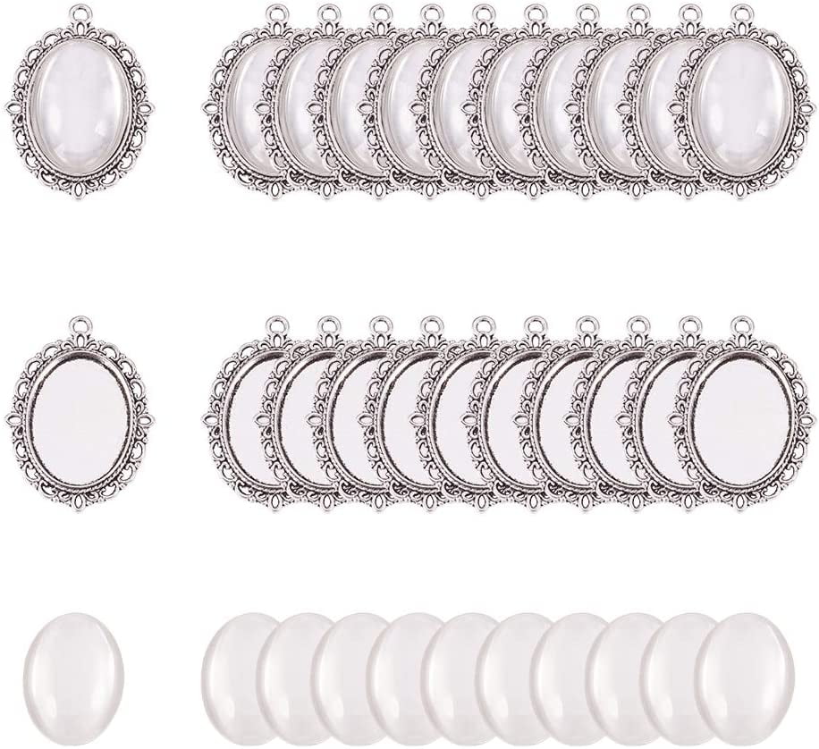 25x18mm 60Pcs Bezel Pendant Blanks Settings with Glass Cabochons Clear Dome DIY 